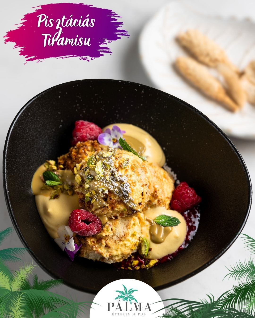 Pisztáciás tiramisu, málna chutney